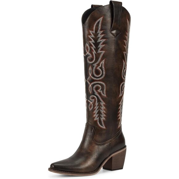 ⚡Womens Chocolate Brown Faux Leather Side Zipper Knee High  Chunky Heel Boots - Picture 1 of 8